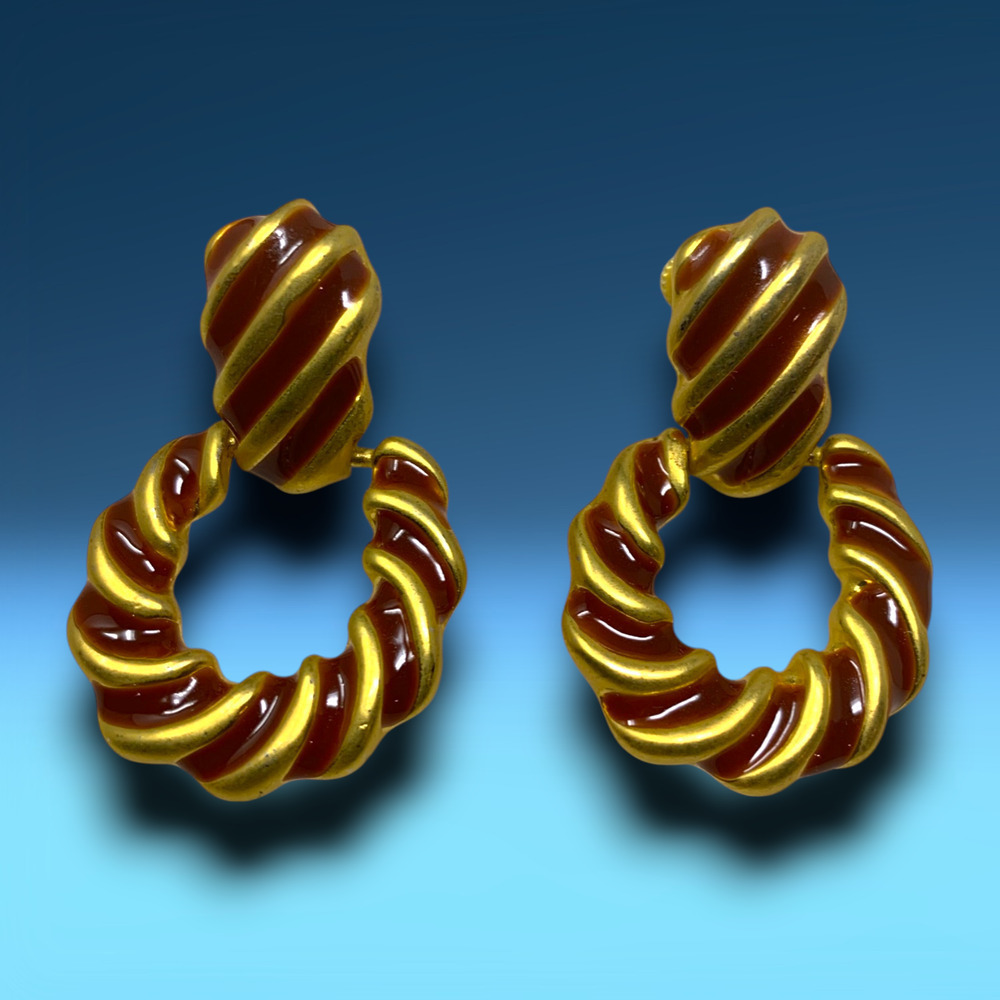Vintage 1980's Gold Tone Enamel Swirl Doorknocker Earrings Clip On Avant Garde